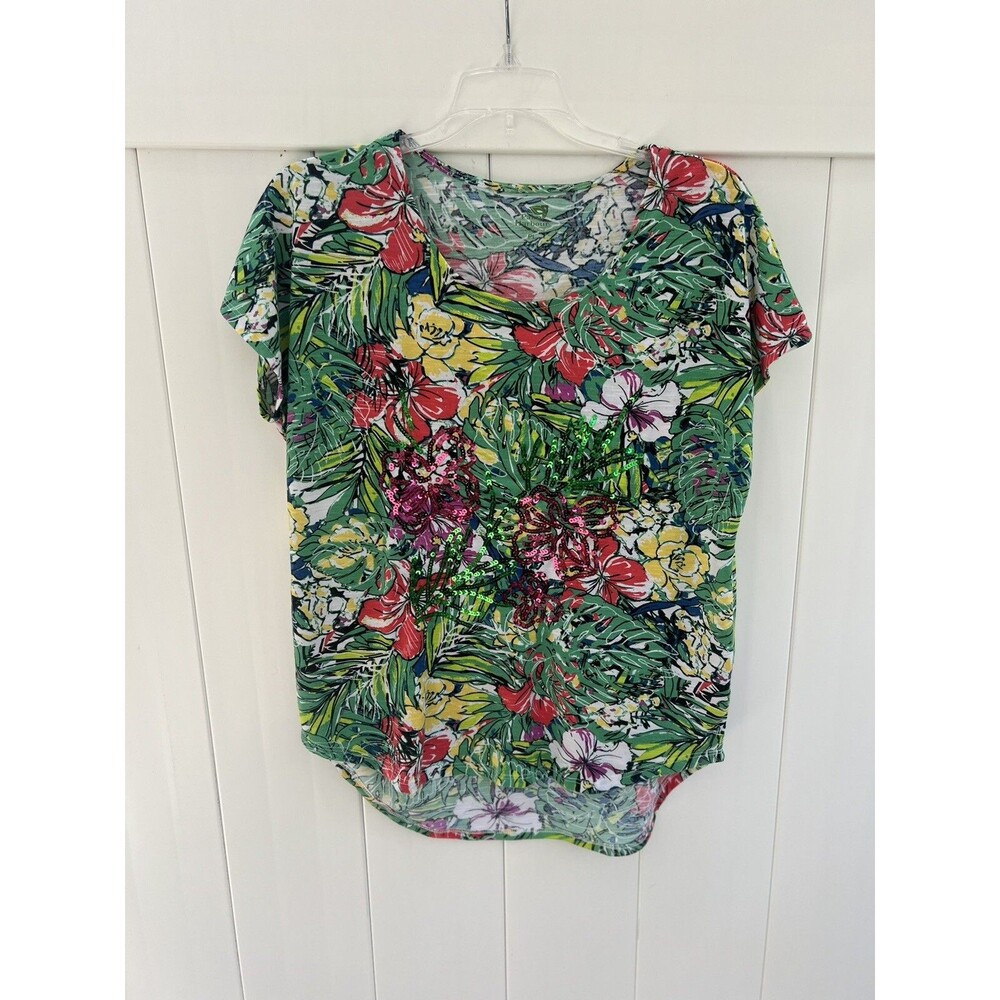 Palm Harbour Women’s Short Sleeve T Shirt Floral Colorful Sequins Petite Large